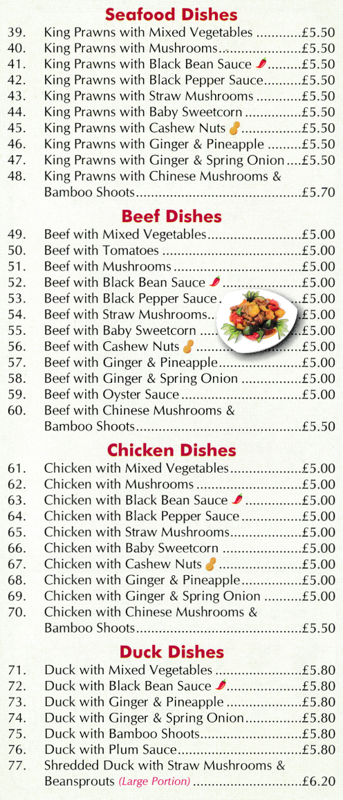 Mr Ng's Open Kitchen Chinese takeaway menu (Duck with Plum Sauce, Beef with Cashew Nuts, King Prawns with Baby Sweetcorn..)
