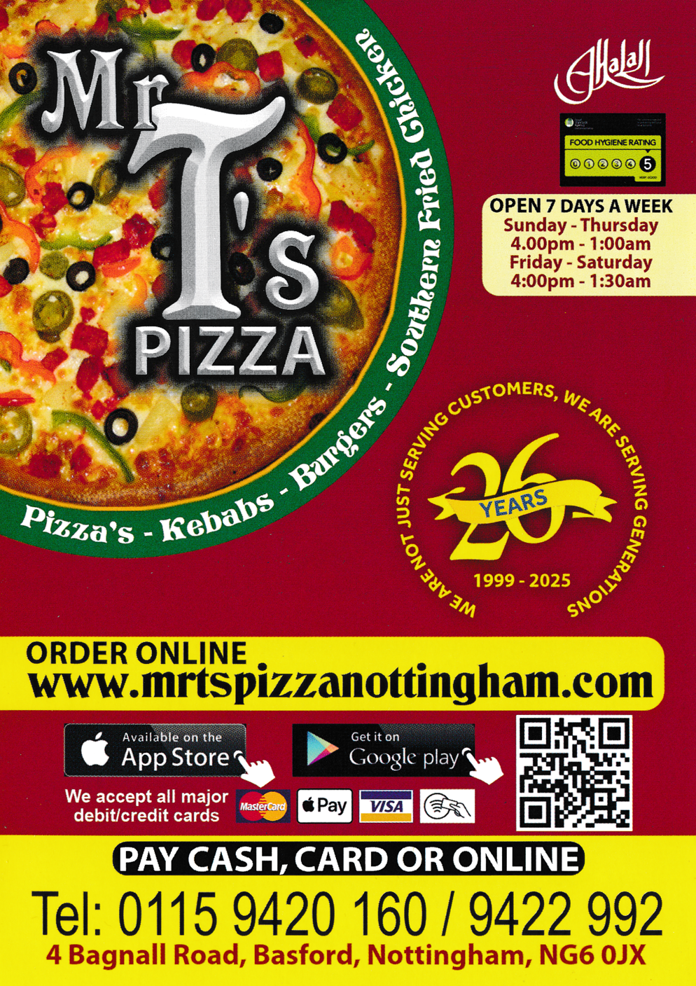 Menu For Mr T's Pizza - Pizzas, Kebabs, Burgers, Comb Kebabs, Jacket Potatoes, Southern Fried Chicken.. takeaway or delivered in Nottingham