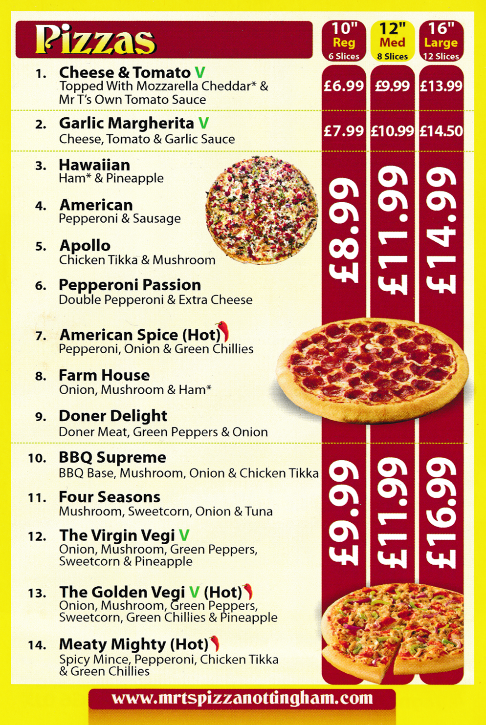 Menu For Mr T's Pizza - Farm House Pizza, Four Seasons Pizza, Seafood Pizza, Meat Feast Pizza, Hawaiian Pizza..