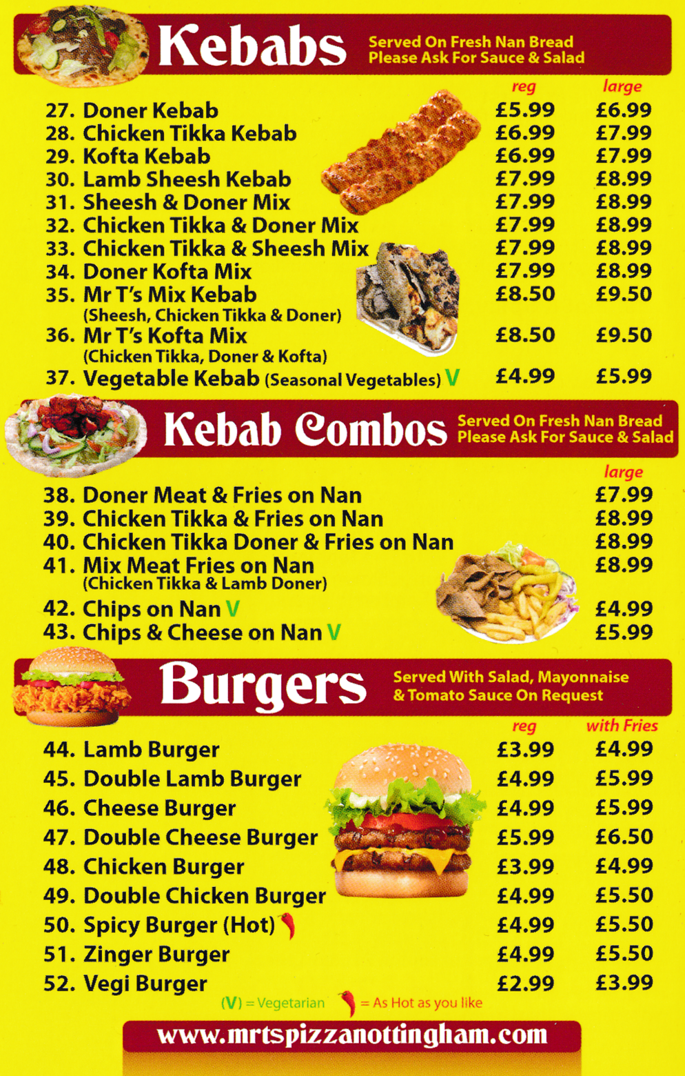 Menu For Mr T's Pizza - Kebab Combos, Burgers, Kebabs..