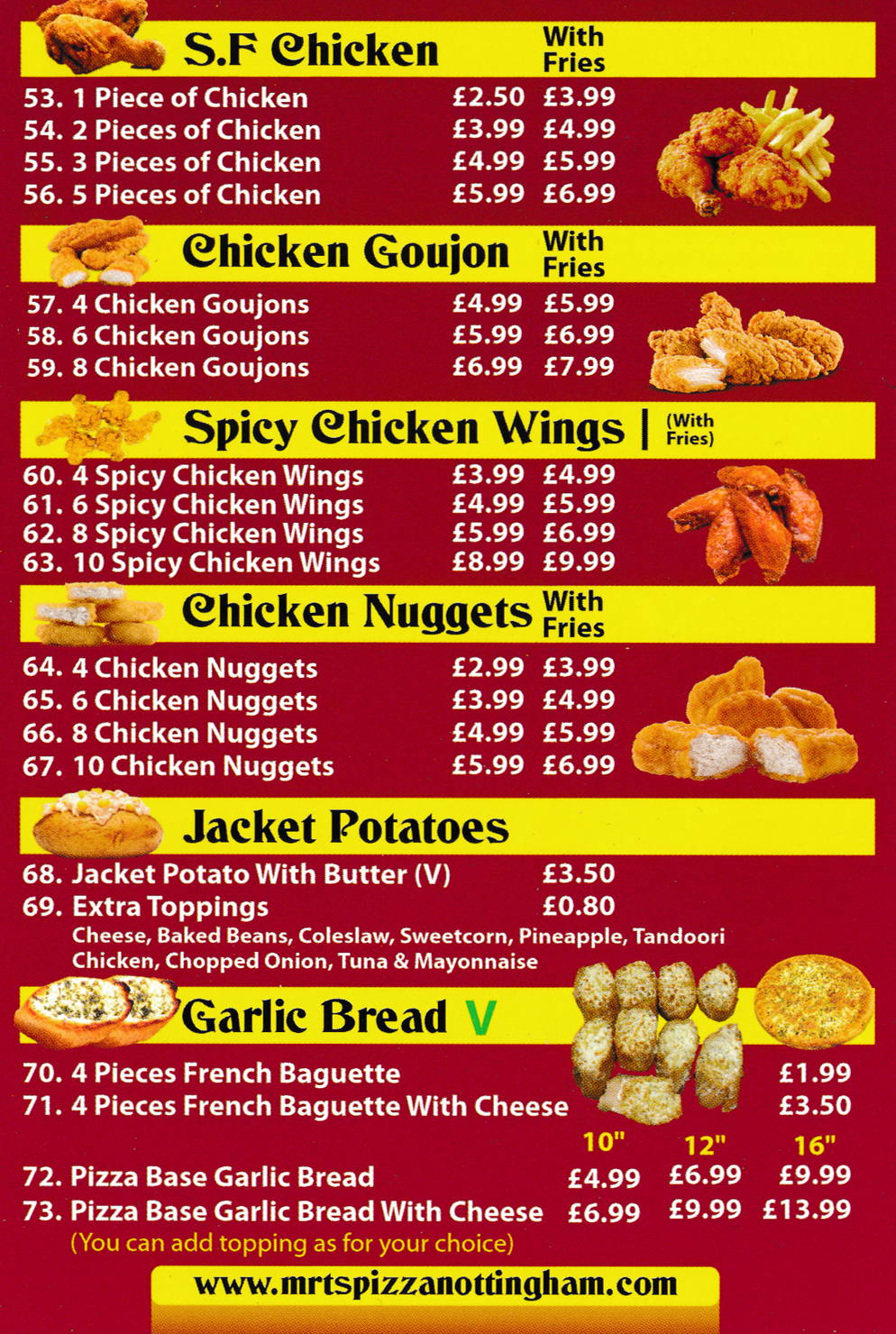 Menu For Mr T's Pizza - S. F.Chicken, Chicken Strips, Chicken Nuggets, Garlic Bread, Jacket Potatoes, Spicy Chicken Wings..