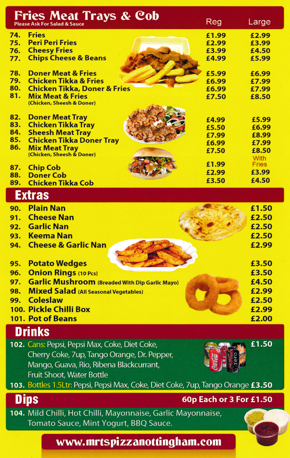 Menu For Mr T's Pizza - Meat Trays, Nan Breads, Cheesy Fried, Donner Cob, Chicken Tikka, Doner & Fries..