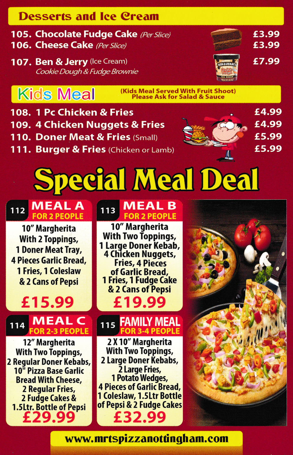 Menu For Mr T's Pizza - Pizza and fast food takeaway on Bagnall Road in Basford, Nottingham NG6 0JX