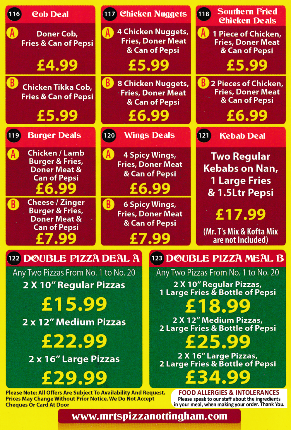 Menu For Mr T's Pizza - Meal Deals, Pizza Deals, Kebab, Burger and Southern Fried Chicken Deals..