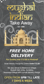 Takeaway menu for Mughal Indian restaurant in Hucknall - curries, pizzas, kebabs, balti, tandoori, biryani..