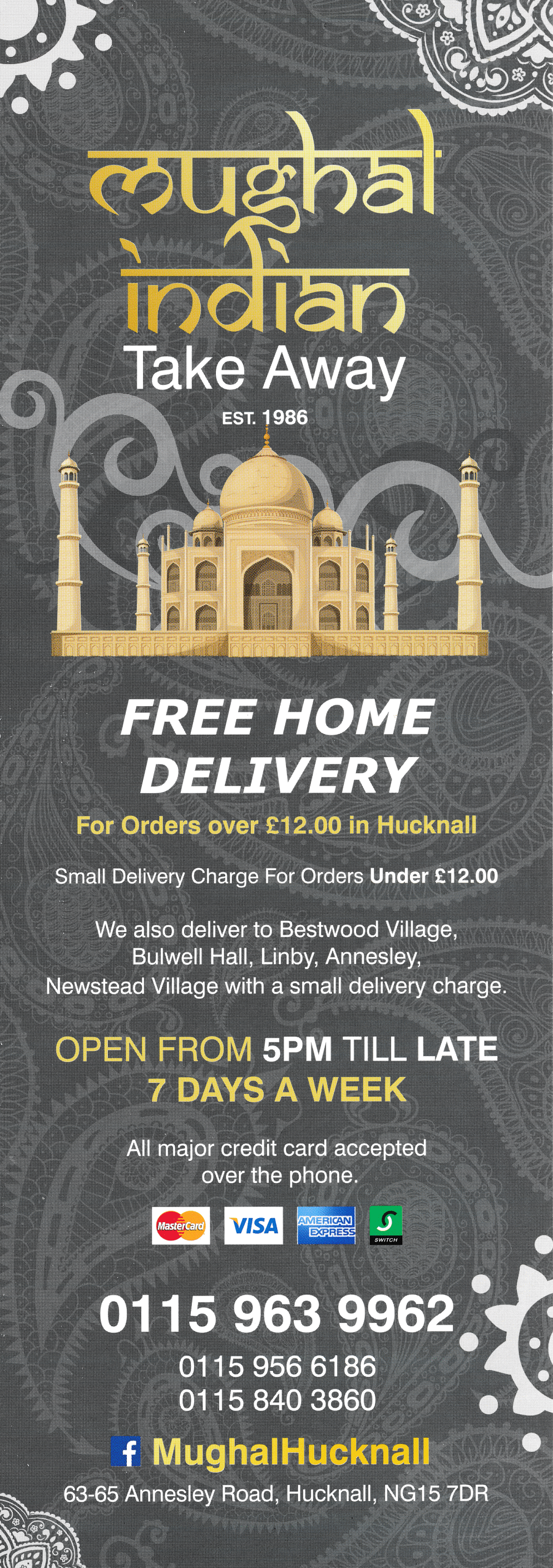 Takeaway menu for Mughal in Hucknall near Nottingham