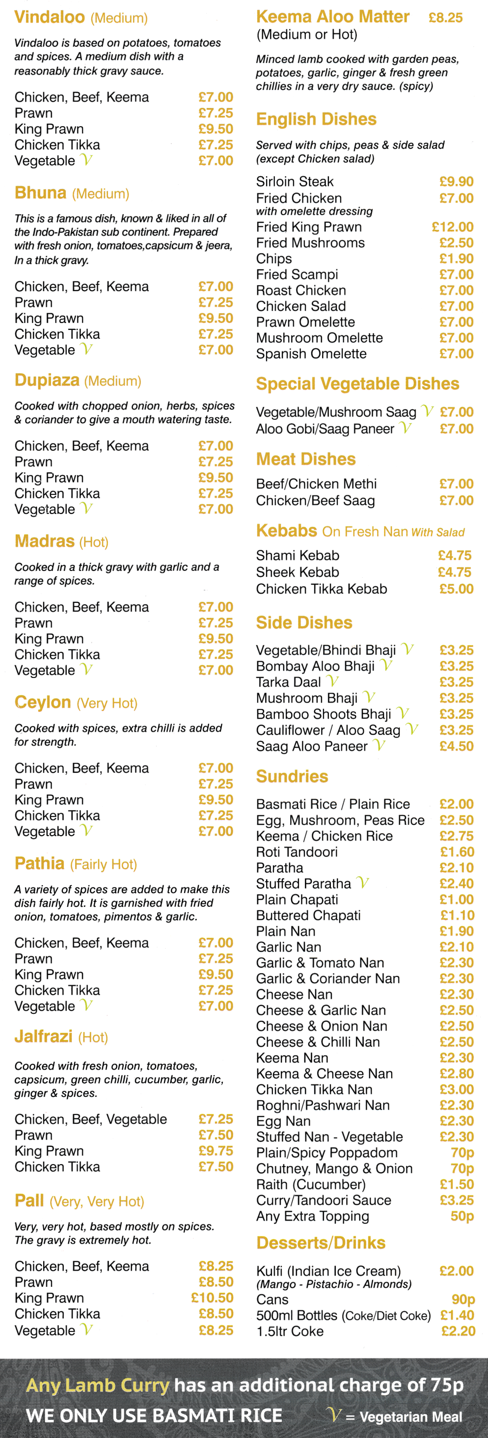 Takeaway menu for Mughal - Vindaloo, Keema Aloo Matter, Jalfrezi, Pall, Madras, Bhuna, Ceylon..