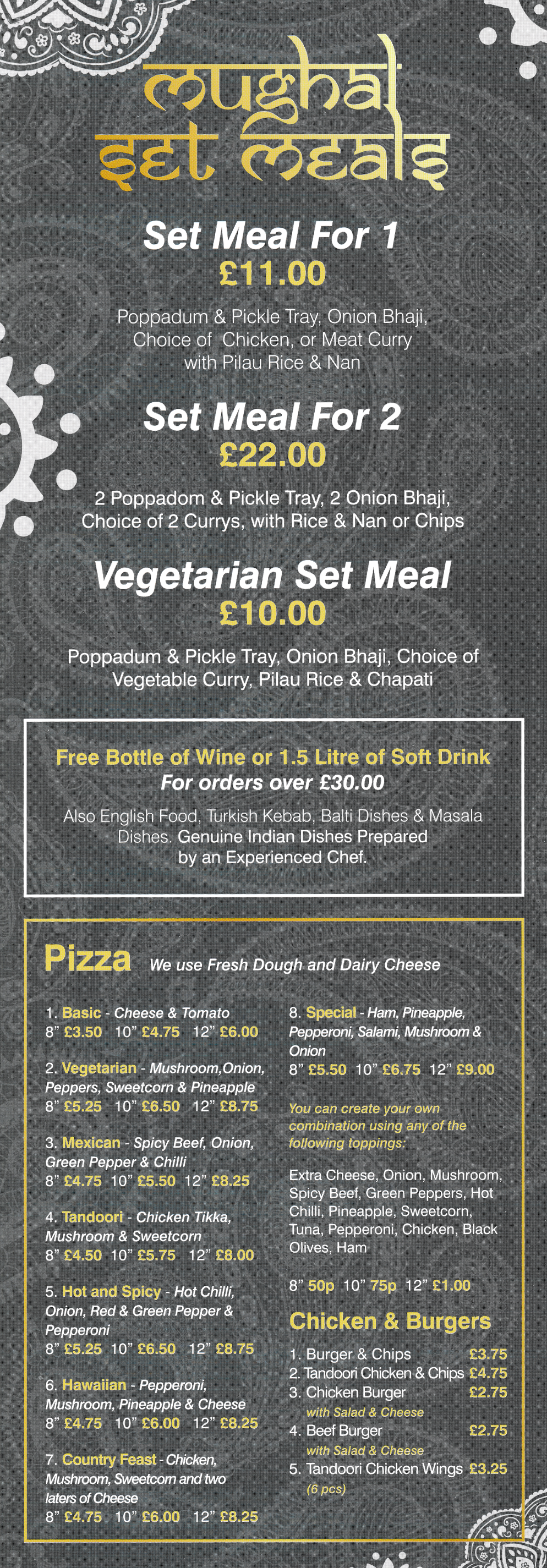 Takeaway menu for Mughal - Set Meals, Pizzas..
