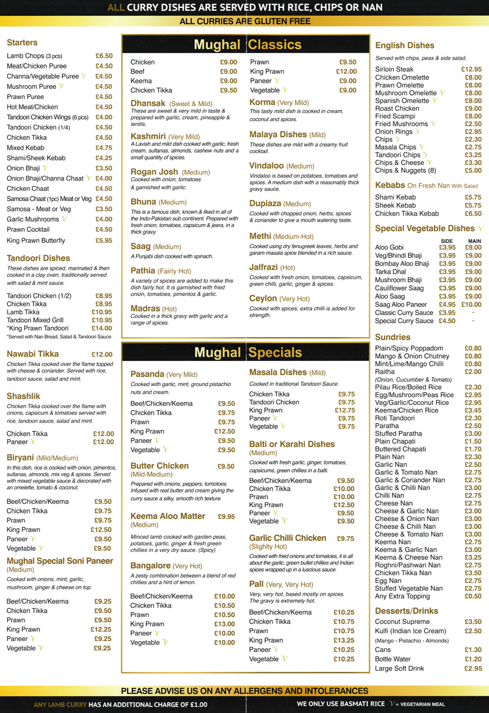 Takeaway menu for Mughal - Tandoori, Masala, Balti, Biryani, Rogan Josh, Kashmiri, Korma..