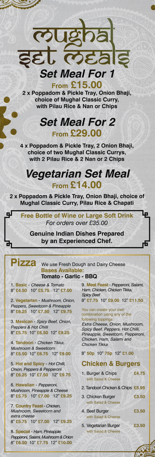 Takeaway menu for Mughal - Set Meals, Pizzas..