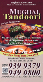 Menu for Mughal Tandoori Indian takeaway in Stapleford near Nottingham