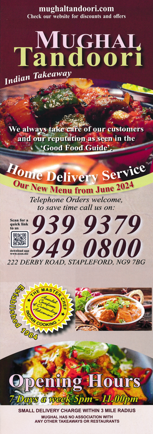 Menu for Mughal Tandoori Indian takeaway in Stapleford - order your favourite curries and Indian dishes for collection or local delivery.