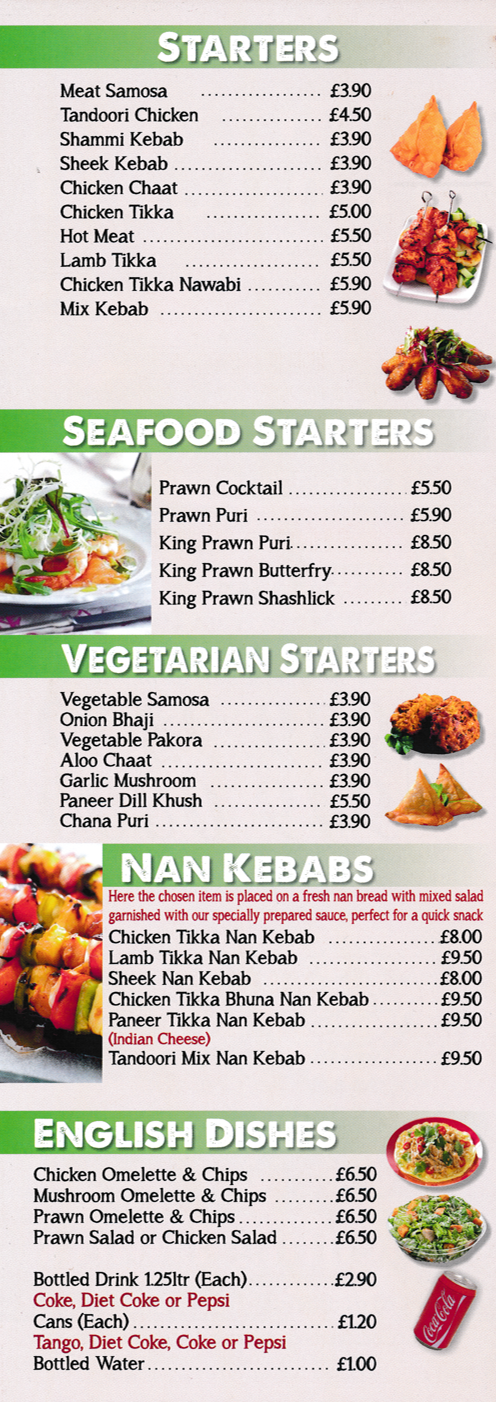 Menu for Mughal Tandoori in Stapleford - dishes include; Chicken Tikka Nan Kebab, Onion Bhaji, Chana Puri, Lamb Tikka Starter, Shammi Kebab, Chicken Tikka Nawabi..