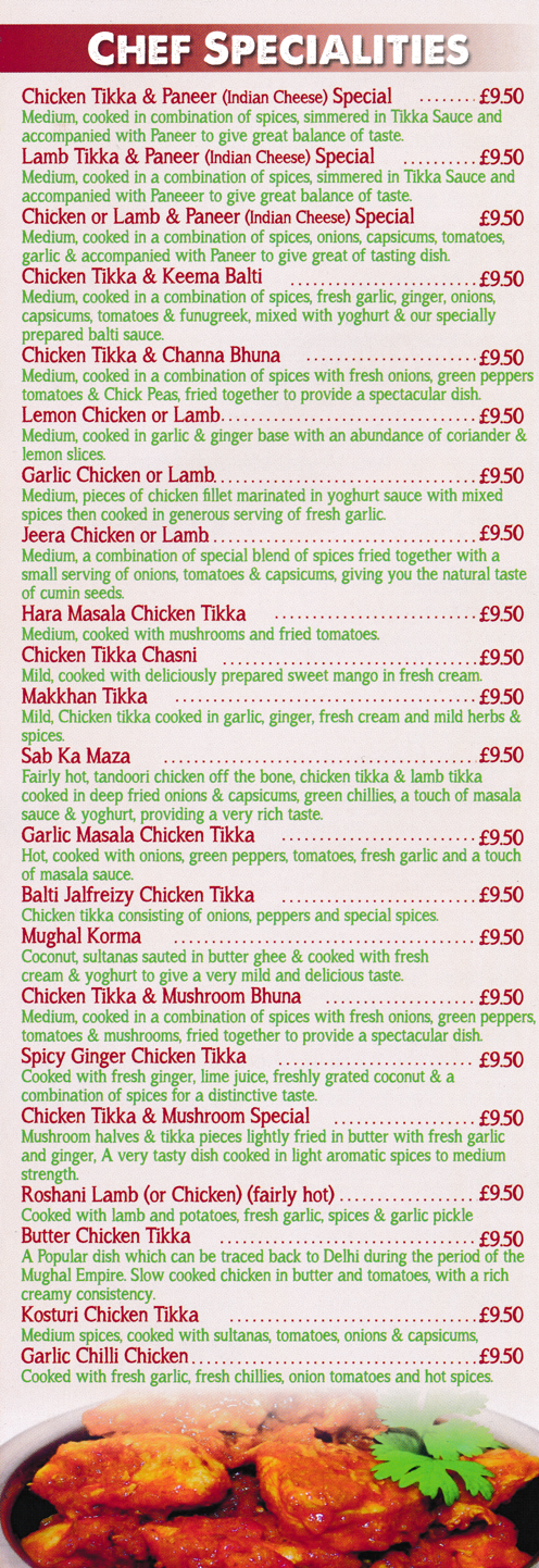 Menu for Mughal Tandoori in Stapleford - dishes include; Mughal Korma, Lemon Chicken, Lamb Tikka & Paneer, Butter Chicken Tikka, Roshani Lamb, Jeera Chicken..