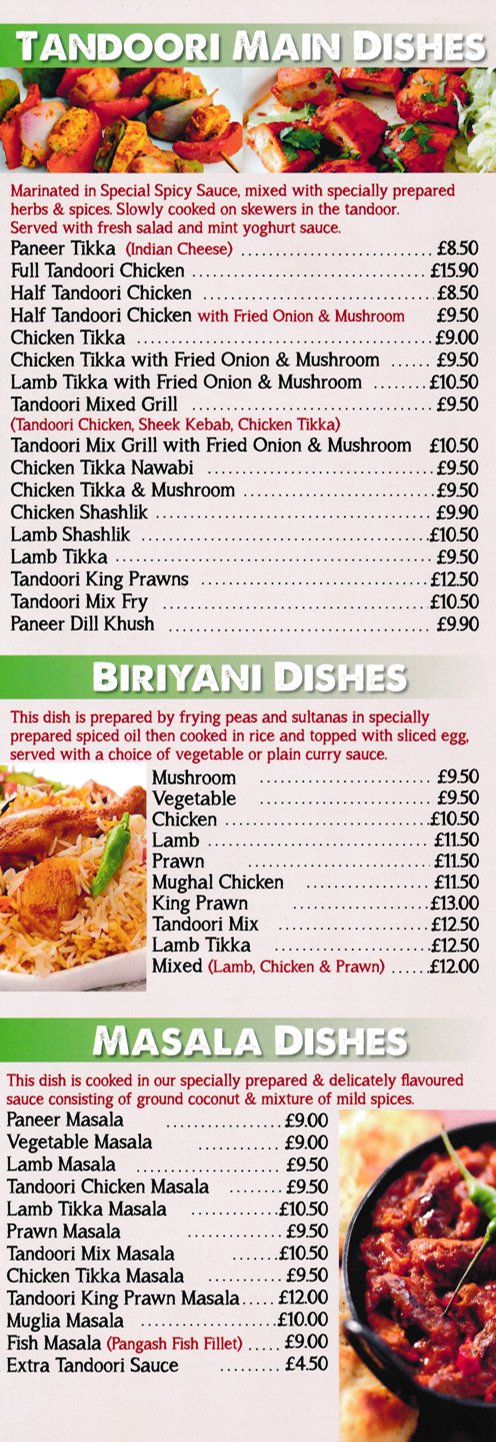 Menu for Mughal Tandoori in Stapleford - dishes include; Tandoori King Prawn Masala, Tandoori Mixed Grill, Half Tandoori Chicken, Mughal Chicken Biryani, Tandoori Chicken Masala..