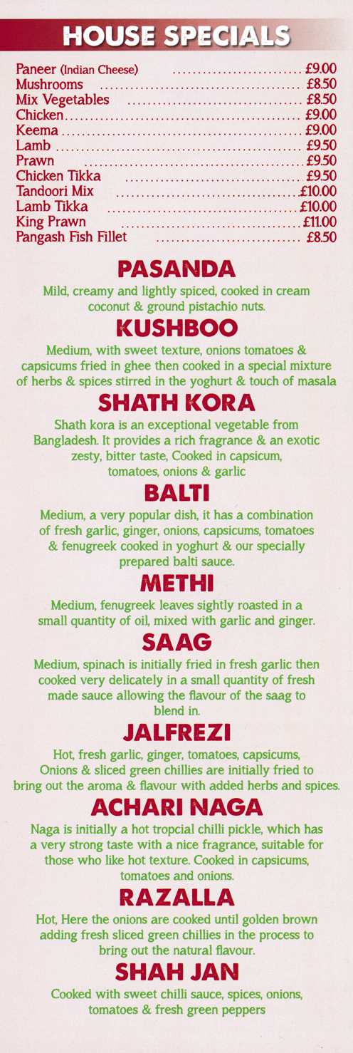 Menu for Mughal Tandoori in Stapleford - dishes include; Balti, Pasanda, Methi, Jalfrezi, Shah Jan, Razalla, Shath Kora, Kushboo..