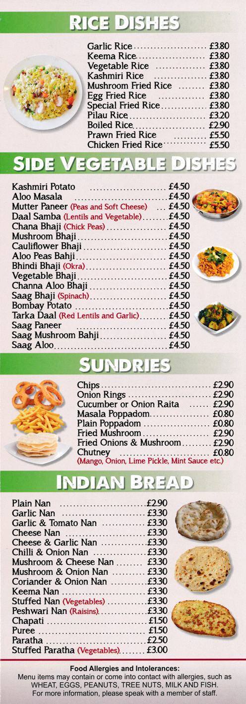Menu for Mughal Tandoori in Stapleford - dishes include; Vegetable Bhaji, Pilau Rice, Peshwari Nan, Chapati, Paratha, Bombayy Potato, Saag Paneer, Kashmiri Rice..