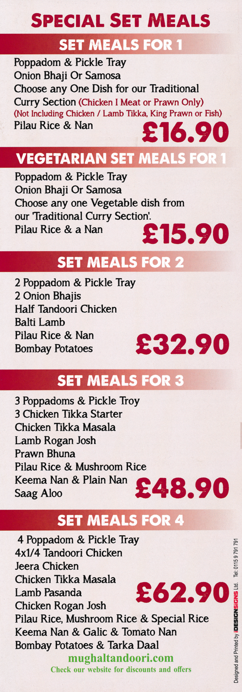 Menu for Mughal Tandoori on Derby Road in Stapleford NG9 7BG - Special Set Meals