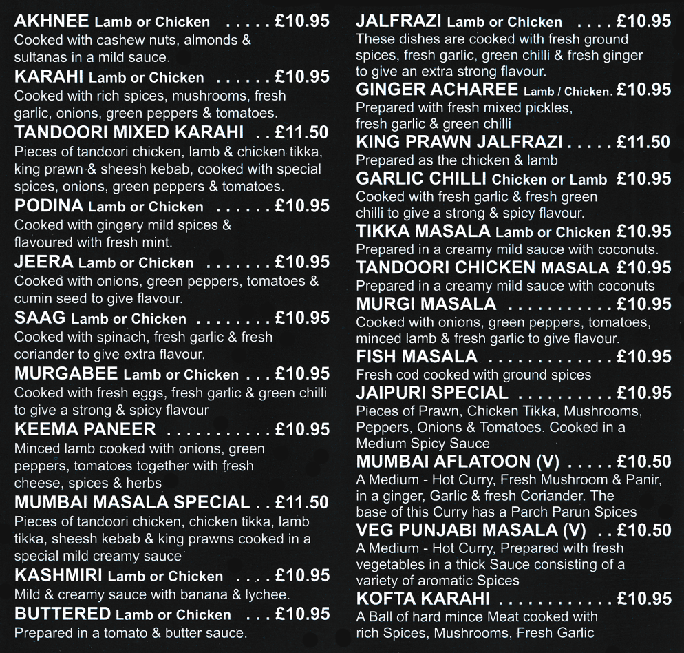 Mumbai Masala takeaway menu - Jalfrazi, Fish Masala, Kofta Karahi, Buttered Chicken, Jeera, Saag, Keema Paneer..