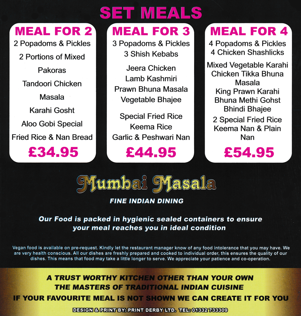 Mumbai Masala takeaway menu - Set Meals - Indian restaurant in Alfreton. Derbyshire DE55 7BR