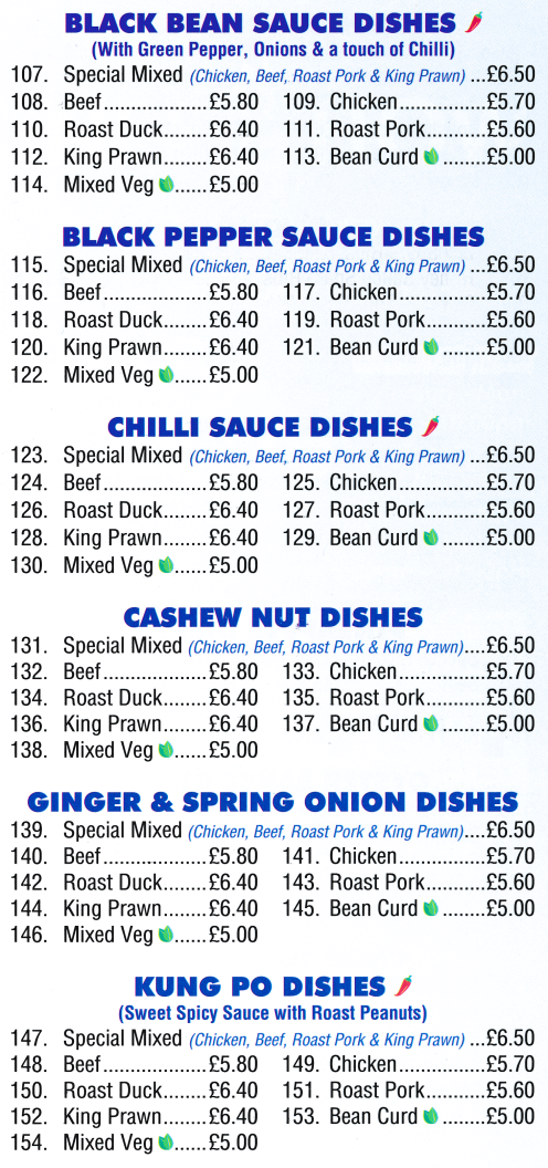 Menu for Nee How (Chicken in Chilli Sauce, Beef in Black Bean Sauce, King Prawn Thai Green Curry, Bean Curd Cashew Nuts..)