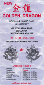 Takeaway menu for Golden Dragon on Wollaton Road, Nottingham NG8 1HJ