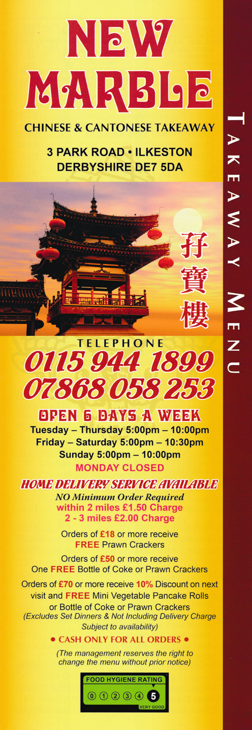 Menu for New Marble Chinese & Cantonese takeaway in Ilkeston