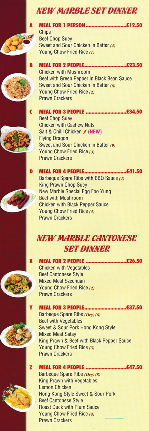 Menu for New Marble Chinese & Cantonese takeaway in Ilkeston - Set Dinners