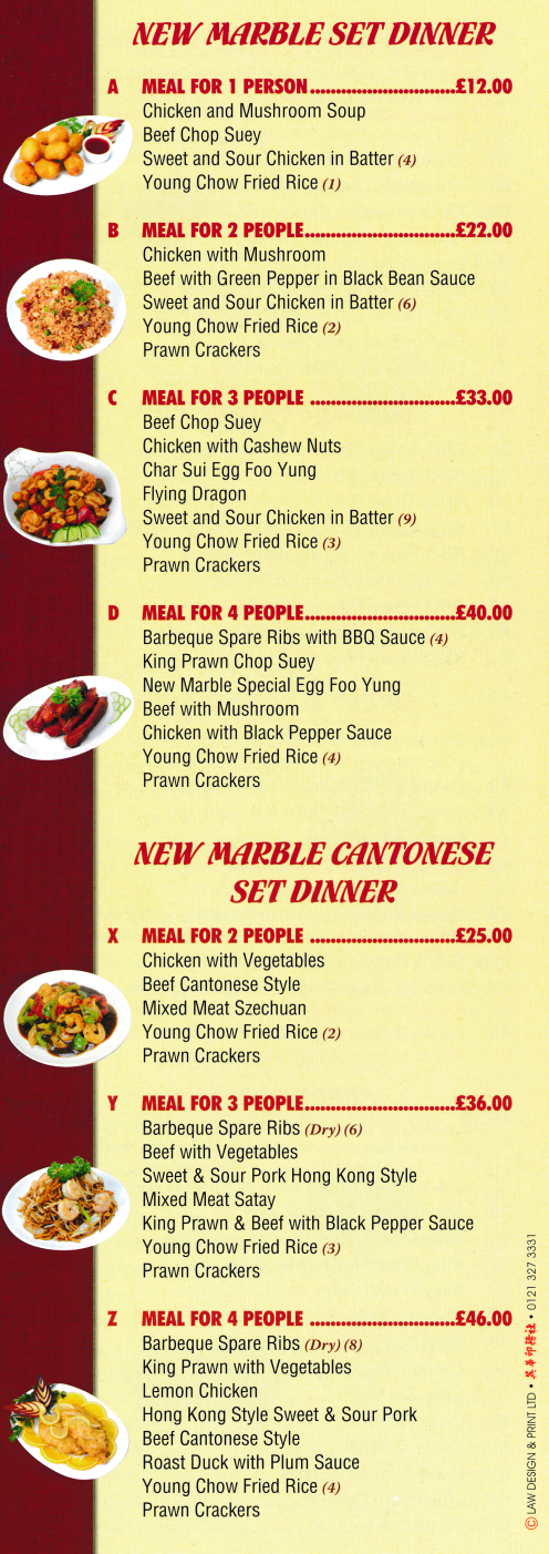 Menu for New Marble Chinese & Cantonese takeaway in Ilkeston - Set Dinners