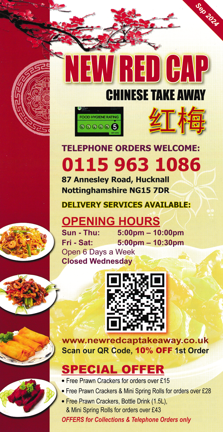 Menu for New Red Cap Chinese takeaway in Hucknall near Nottingham