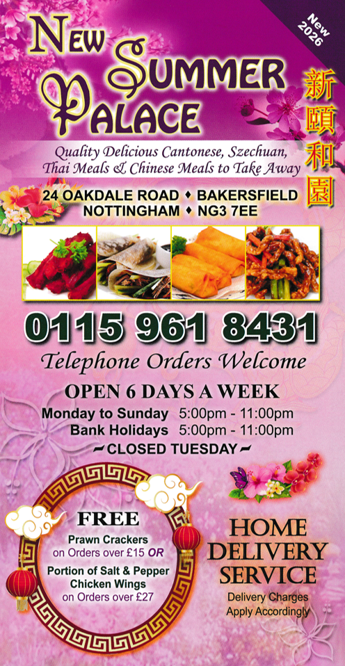 Menu for New Summer Palace Cantonese and Thai cuisine takeaway and delivery in Bakersfield, Nottingham