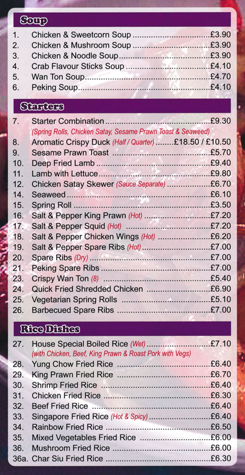 Menu for New Summer Palace Chinese takeaway in Bakersfield - dishes include; Sesame Prawn on Toast, Aromatic Crispy Duck, Deep Fried Lamb, Wan Ton Soup, Singapore Fried Rice, Salt & Pepper Squid, Peking Spare Ribs, Spring Rolls, Chicken Satay Skewers..