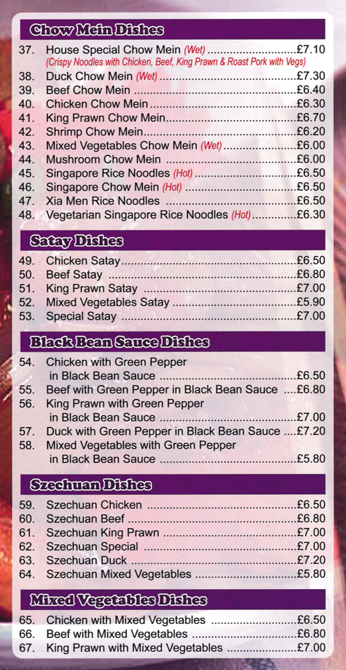 Menu for New Summer Palace Chinese takeaway in Bakersfield - dishes include; Szechuan Chicken, Singapore Chow Mein, Beef Satay, Duck with Green Peppers in Black Bean Sauce, Chicken Satay, Xia Men Rice Noodles..