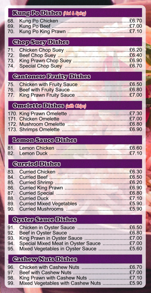 Menu for New Summer Palace Chinese takeaway in Bakersfield - dishes include; Kung Po Chicken, Beef with Fruity Sauce, Curried Duck, King Prawn with Cashew Nuts, Beef Chop Suey, Lemon Chicken, Shrimp Omelette, Chicken Chop Suey, Lemon Duck..
