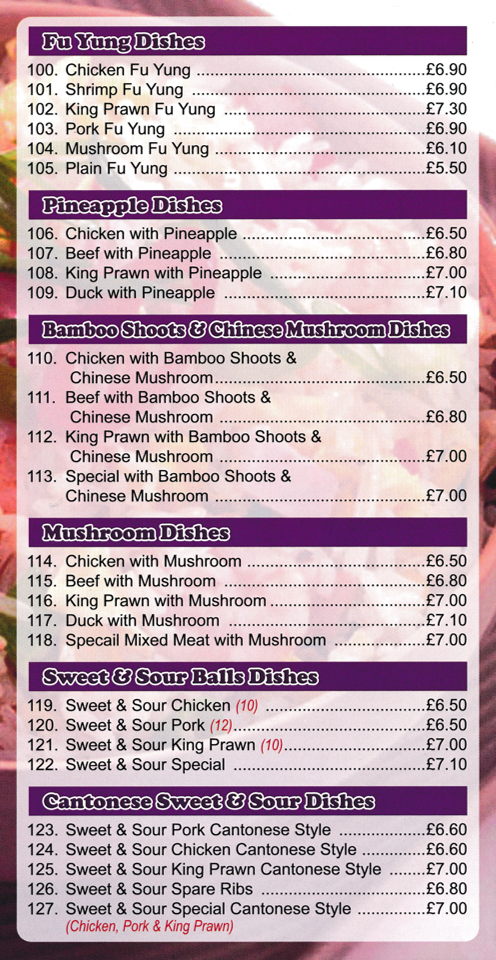 Menu for New Summer Palace Chinese takeaway in Bakersfield - dishes include; Chicken Fu Yung, Sweet & Sour Pork Cantonese Style, Duck with Pineapple, Sweet & Sour Chicken Balls, Beef with Bamboo Shoots and Chinese Mushrooms, Sweet & Sour Spare Ribs, Beef with Pineapple..