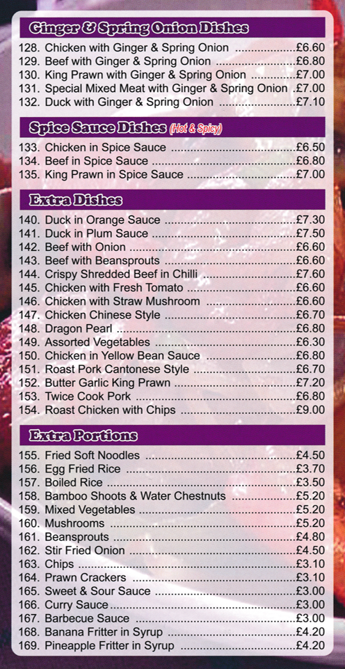Menu for New Summer Palace Chinese takeaway in Bakersfield - dishes include; Duck in Orange Sauce, Beef in Spice Sauce, Beef with Ginger & Spring Onions, Egg Fried Rice, Dragon Pearl, Twice Cooked Pork, Chicken in Yellow Bean Sauce, Crispy Shredded Beef in Chilli, Butter Garlic King Prawn..