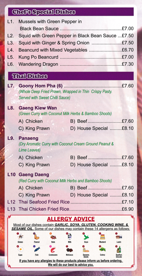 Menu for New Summer Palace Chinese takeaway in Bakersfield - dishes include; Mussles with Green Pepper in Black Bean Sauce, Wandering Dragon, Squid with Ginger and Spring Onions, Gaeng Daeng Paneang, Gaeng Kiew Wan, Goony Hom Pha..