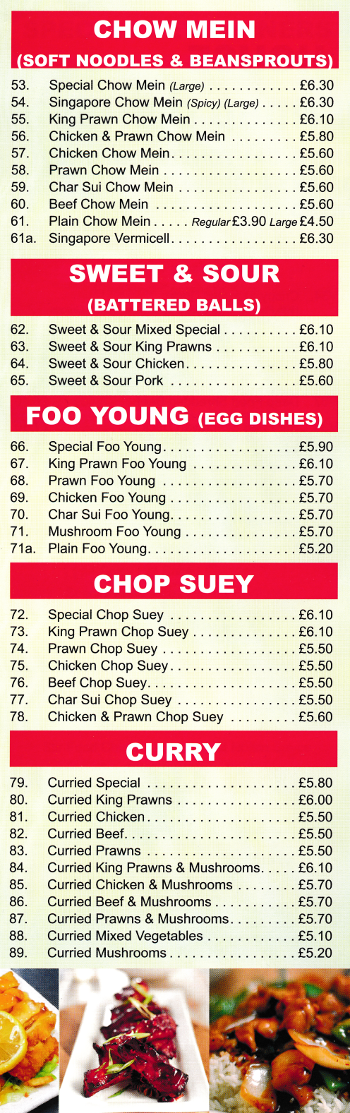 Menu for New Taste House Chinese takeaway (Chow Mein, Sweet & Sour, Foo Yung, Chop Suey and Curry dishes)