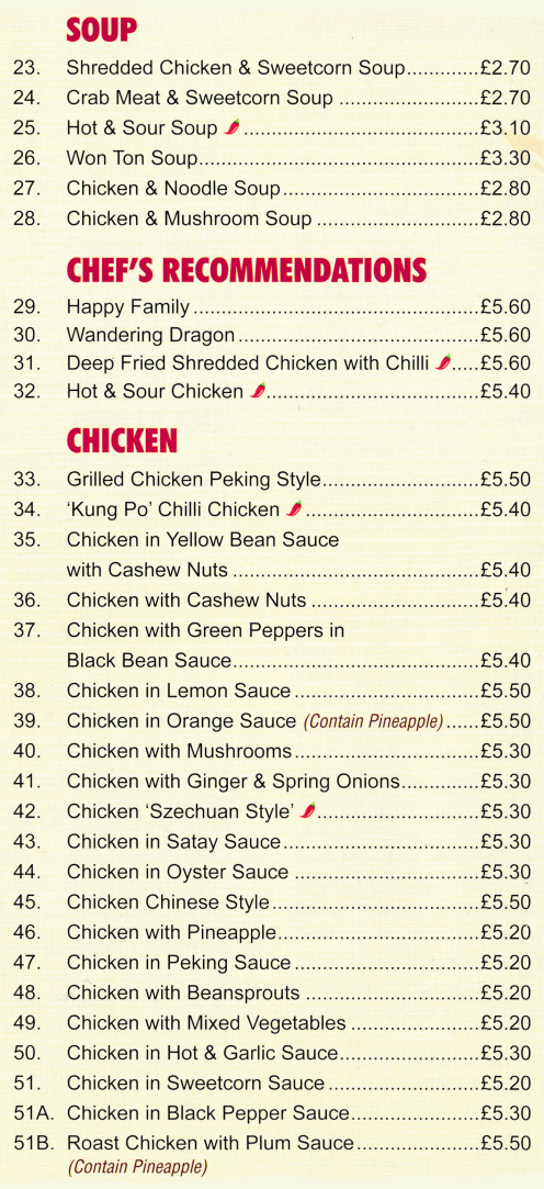 Takeaway menu for Noble House - Wandering Dragon, Happy Family, Won Ton Soup, Chicken in Peking Sauce, Kung Po Chilli Chicken..