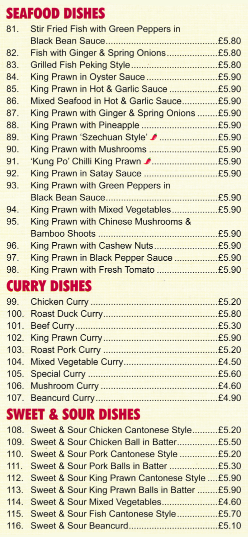 Takeaway menu for Noble House- Kung Po Chilli King Prawn, Beef Curry, Sweet & Sour Pork Balls in Batter, King Prawn in Satay Sauce, Chicken Curry, Sweet & Sour Chicken Cantonese Style..