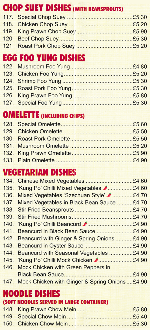 Takeaway menu for Noble House - Chicken Chop Suey, Mushroom Omelette, Shrimp Foo Yung, Chicken Chow Mein, Beef Chop Suey..