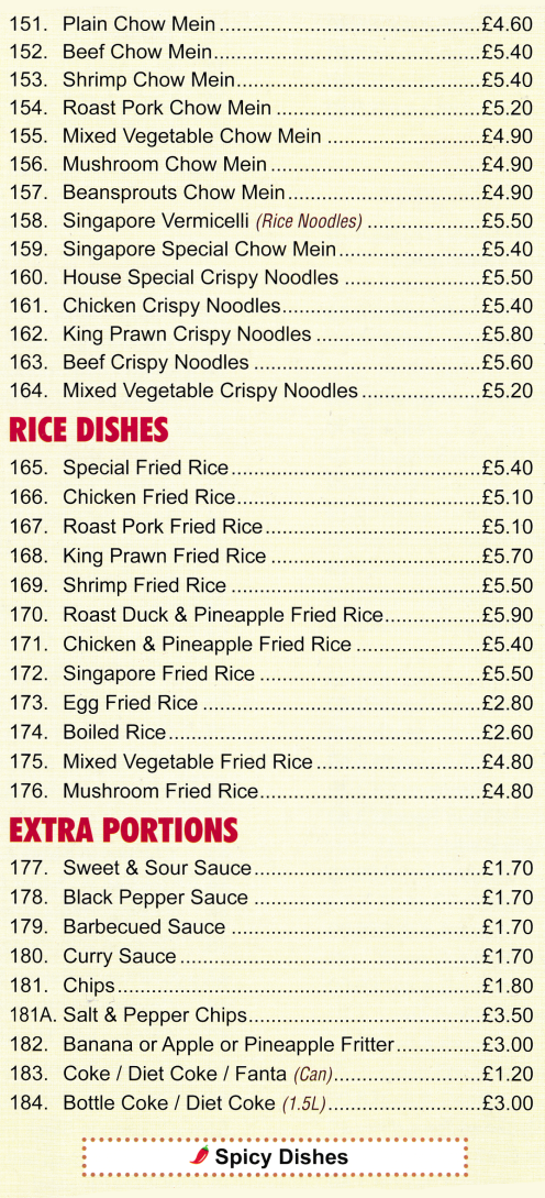 Takeaway menu for Noble House - Singapore Fried Rice, Beef Chow Mein, Egg Fried Rice, Singapore Vermicelli..