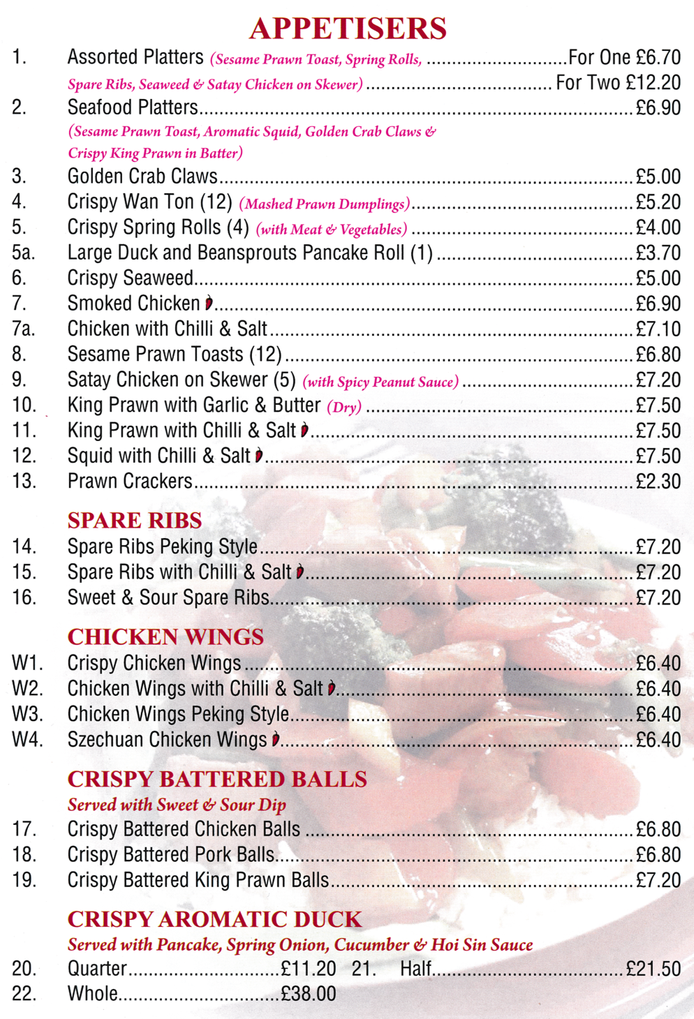 Menu for Ocean City Menu for Ocean City - Spare Ribs Peking Style, Crispy Aromatic Duck, Satay Chicken on Skewers, Sesame Prawn Toasts, Squid with Chilli and Salt..