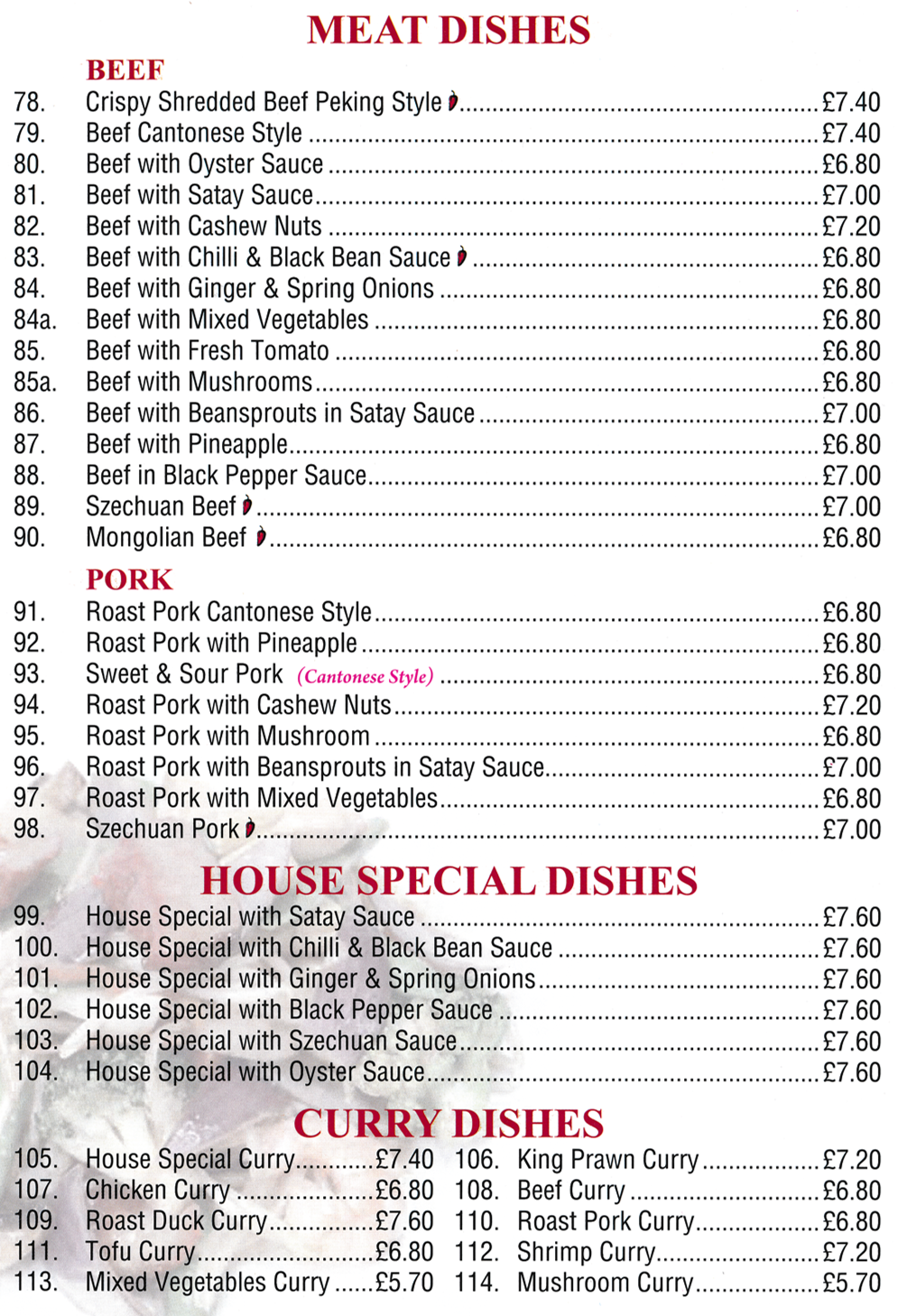 Menu for Ocean City Menu for Ocean City in Long Eaton. Dishes include; Crispy Shredded Beef Peking Style, Roast Pork Cantonese Style, Mixed Vegetable Curry, Mongolian Beef..