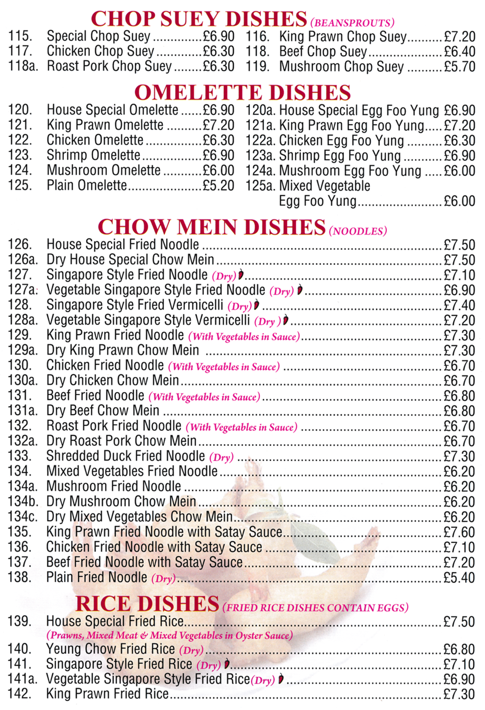 Menu for Ocean City Menu for Ocean City in Long Eaton. Dishes include; Beef Chow Mein, Yeung Chow Fried Rice, Beef Chop Suey, Mushroom Omelette, Chicken Egg Foo Yung..