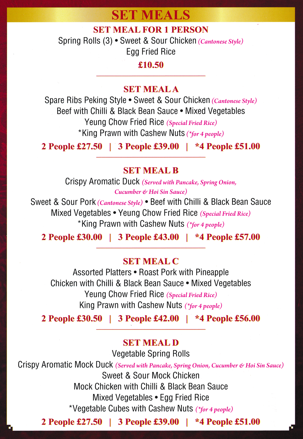 Menu for Ocean City Cantonese takeaway in Long Eaton - Set Meals