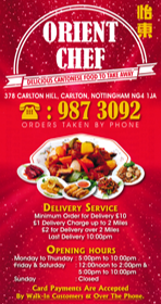 Menu for Orient Chef Cantonese Food takeaway in Carlton, Nottingham NG4 1JA