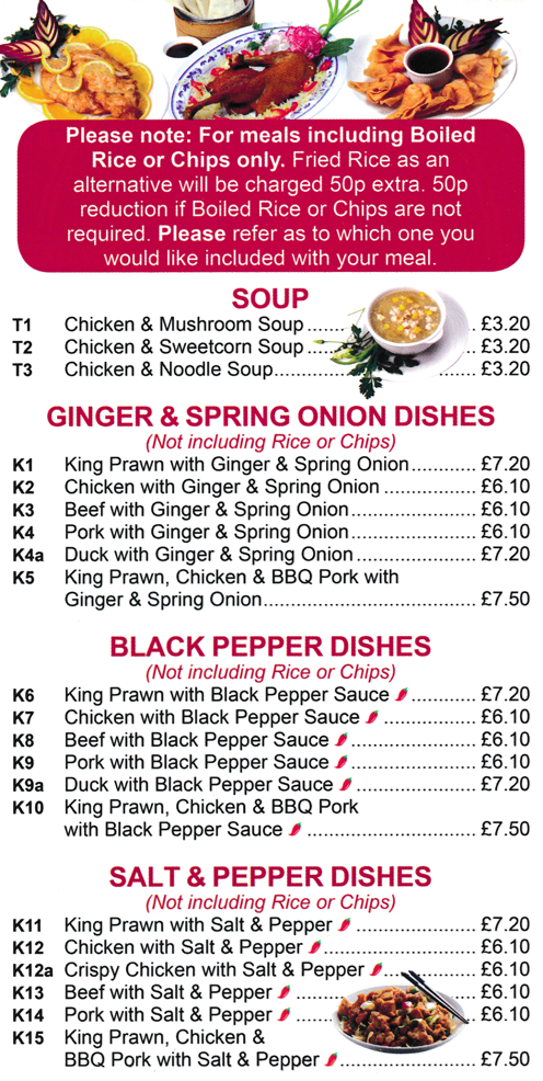 Menu for Orient Chef Chinese takeaway in Carlton - dishes include; King Prawn with Salt & Pepper, Duck with Black Pepper Sauce, Chicken with Ginger & Spring Onions, Beef with Salt & Pepper, Chicken & Noodle Soup..
