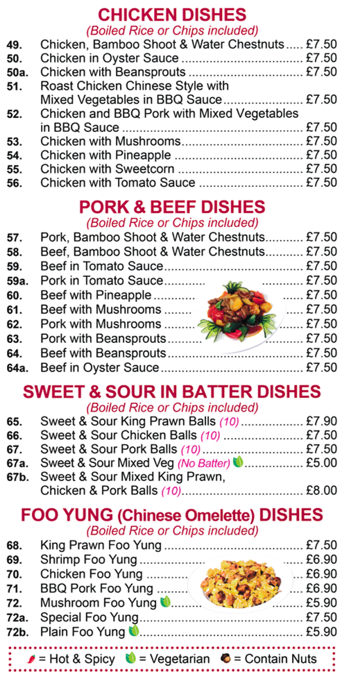Menu for Orient Chef Chinese takeaway in Carlton - dishes include; Sweet & Sour Chicken Balls, Beef in Oyster Sauce, Roast Chicken Chinese Style with Mixed Vegetables in BBQ Sauce, Mushroom Foo Yung, Sweet & Sour Pork Balls..