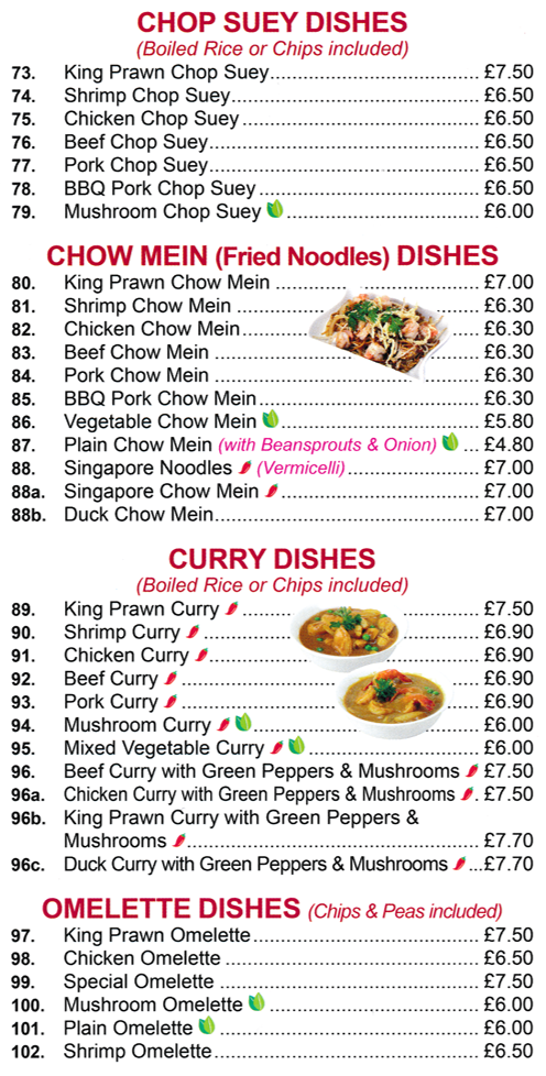 Menu for Orient Chef Chinese takeaway in Carlton - dishes include; Chicken Chop SUey, Beef Curry, Mushroom Omelette, BBQ Pork Chow Mein, Singapore Chow Mein, King Prawn Curry..